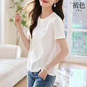 【初色】簡約風純色柔軟透氣涼爽顯瘦圓領短袖T恤上衣女上衣-共3色-33960(M-2XL可選) M 白色