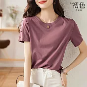 【初色】簡約風純色袖鈕扣柔軟親膚圓領短袖T恤上衣女上衣-共3色-33965(M-2XL可選) XL 粉色