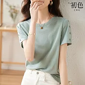 【初色】簡約風純色袖鈕扣柔軟親膚圓領短袖T恤上衣女上衣-共3色-33965(M-2XL可選) M 豆綠色
