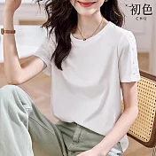 【初色】簡約風純色袖鈕扣柔軟親膚圓領短袖T恤上衣女上衣-共3色-33965(M-2XL可選) M 白色