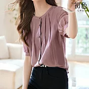 【初色】純色壓褶圓領短袖泡泡袖襯衫上衣女上衣-紫色-33967(M-2XL可選) XL 紫色