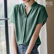 【初色】純色寬鬆立領不規則短袖襯衫上衣女上衣-綠色-33969(M-2XL可選) M 綠色