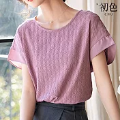 【初色】純色肌理感針織蝙蝠袖短袖圓領T恤上衣女上衣-共2色-33971(M-2XL可選) M 紫色