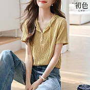 【初色】肌理感純色休閒百搭連帽短袖T恤女上衣-黃色-33972(M-2XL可選) XL 黃色