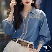 【初色】復古風蕾絲翻領短袖襯衫上衣-藍色-34009(M-2XL可選) M 藍色