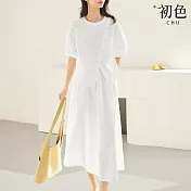 【初色】新中式圓領五分短袖T恤上衣女上衣+鬆緊腰半身裙洋裝長洋裝套裝-共2色-34040(M-2XL可選) 2XL 白色