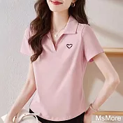 【MsMore】 純棉polo領短袖v領帶領翻領爆款短袖短版上衣# 121655 M 粉紅色