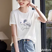 【MsMore】 休閒簡約白色短袖印花T恤新款百搭修身顯廋短版上衣# 121737 2XL 白色