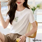 【MsMore】 新中式白色刺繡T恤圓領百搭時髦氣質休閒T恤短版上衣# 121738 L 白色