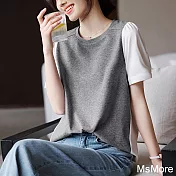 【MsMore】 圓領短袖撞色拼接設計休閒寬鬆顯瘦T恤短版灰色上衣# 121740 L 灰色