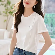 【MsMore】 拼接百搭圓領短袖簡約氣質T恤韓版休閒短版上衣# 121745 L 白色