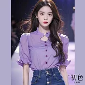 【初色】法式立領鏤空短袖荷葉邊女上衣襯衫上衣-紫色-34466(M-2XL可選) 2XL 紫色