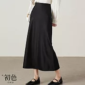 【初色】高腰顯瘦純色中長款A字直筒半身裙-共3色-34473(M-2XL可選) M 黑色