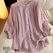 【初色】純色圓領七分短袖上衣輕薄襯衫女上衣共2色-34477(M-2XL可選) M 紫色