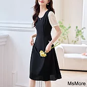 【MsMore】 法式赫本風方領黑色拼接短袖連身裙顯瘦高腰氣質長洋裝# 121766 L 黑色