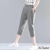 【ACheter】 薄款棉麻感七分褲大碼顯瘦寬鬆條紋蘿蔔哈倫休閒褲# 121806 2XL 黑白色