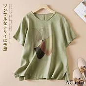 【ACheter】 復古寬鬆棉麻感上衣薄款短袖圓領漂亮休閒百搭短版# 121875 M 綠色