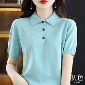 【初色】清涼感簡約襯衫領半排扣輕薄短袖針織衫上衣女上衣-共3色-34509(F可選) F 藍色