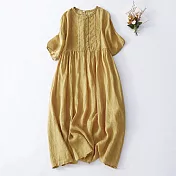 【ACheter】 森系蕾絲拼接貼木耳領連身裙兩層有口袋版純色短袖圓領洋裝# 121899 XL 黃色