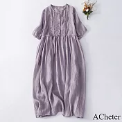 【ACheter】 森系蕾絲拼接貼木耳領連身裙兩層有口袋版純色短袖圓領洋裝# 121899 M 紫色
