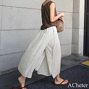 【ACheter】 大開叉裙褲一體寬鬆大碼休閒九分褲假兩件棉麻感闊腿褲裙# 121981 FREE 杏色