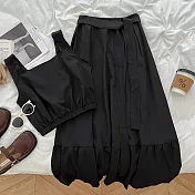 【ACheter】 chic法式渡假風方領背心上衣+高腰大擺蛋糕裙棉麻感兩件式套裝# 121982 FREE 黑色