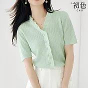 【初色】純色木耳邊V領短袖單排扣針織衫上衣女上衣-共2色-34516(F可選) F 綠色
