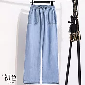 【初色】純色高腰綁繩休閒牛仔褲寬褲長褲-共2色-34523(M-4XL可選) M 淺藍色