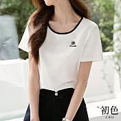 【初色】清涼感簡約撞色圓領拼接玫瑰字母刺繡短袖T恤上衣女上衣-白色-34539(M-3XL可選) 3XL 白色