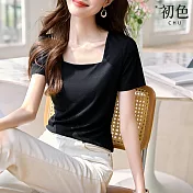 【初色】修身顯瘦純色方領短袖T恤上衣女上衣-黑色-34546(M-3XL可選) M 黑色