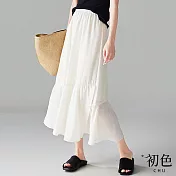 【初色】素色寬鬆遮肉顯瘦鬆緊高腰雪紡傘裙半身裙-白色-34571(M-3XL可選) 3XL 白色