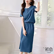 【初色】圓領短袖空氣感上衣女上衣+綁帶純色直筒半身裙套裝-藍色-34579(M-2XL可選) M 藍色