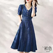 【初色】V領牛仔短袖連衣裙收腰A字連身洋裝長洋裝-藍色-34585(M-2XL可選) M 藍色