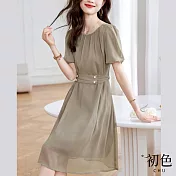 【初色】薄款肌理感短袖連衣裙收腰連身洋裝長洋裝-灰色-34586(M-2XL可選) M 灰色