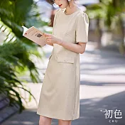 【初色】小香風圓領連衣裙珍珠裝飾短袖連身洋裝長洋裝-杏色-34589(M-2XL可選) 2XL 杏色