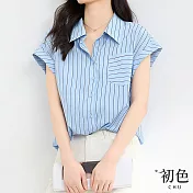 【初色】寬鬆翻領拼色條紋短袖襯衫上衣女上衣-藍色-34590(M-2XL可選) XL 藍色