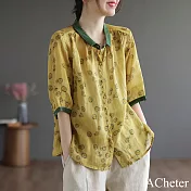 【ACheter】 韓版單排扣大碼上衣印花復古時尚棉麻感寬鬆型襯衫# 121381 2XL 黃色