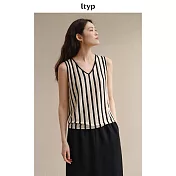 ltyp旅途原品 真絲亞麻棉經典條紋背心 百搭休閒T恤女夏 M L M V領-黑杏條紋
