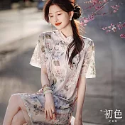 【初色】復古立領盤扣短袖印花拼接蕾絲旗袍中長裙連身洋裝連身裙洋裝-粉色-33812(M-XL可選) M 粉色