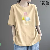 【初色】簡約素色三朵花印花圓領寬鬆短袖T恤上衣女上衣-共7色-33560(M-4XL可選) XL 黃色