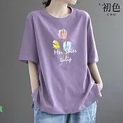 【初色】簡約素色三朵花印花圓領寬鬆短袖T恤上衣女上衣-共7色-33560(M-4XL可選) M 紫色