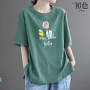 【初色】簡約素色三朵花印花圓領寬鬆短袖T恤上衣女上衣-共7色-33560(M-4XL可選) M 綠色
