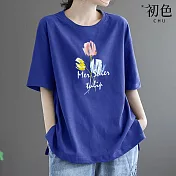 【初色】簡約素色三朵花印花圓領寬鬆短袖T恤上衣女上衣-共7色-33560(M-4XL可選) M 藍色