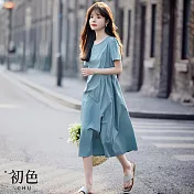 【初色】拼接剪裁泡泡袖寬鬆顯瘦圓領短袖中長裙連衣裙連身洋裝長洋裝-藍色-34896(M-2XL可選) M 藍色
