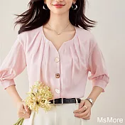 【MsMore】 法式襯衫時尚設計感小V領七分袖別致絕美短版上衣# 121955 M 粉紅色