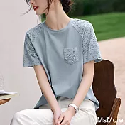 【MsMore】 藍色蕾絲拼接設計短袖圓領時尚優雅減齡插肩袖顯瘦短版上衣# 121960 M 藍色