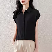 【MsMore】 法式短袖襯衫小蓋袖氣質垂順簡約短版上衣# 122010 M 黑色