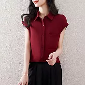 【MsMore】 法式短袖襯衫小蓋袖氣質垂順簡約短版上衣# 122010 2XL 酒紅色