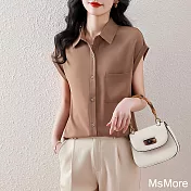 【MsMore】 法式短袖襯衫小蓋袖氣質垂順簡約短版上衣# 122010 M 咖色
