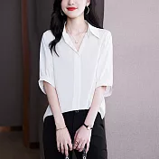 【MsMore】 襯衫短袖韓版寬鬆大碼V領顯瘦薄款中長上衣# 122014 2XL 白色